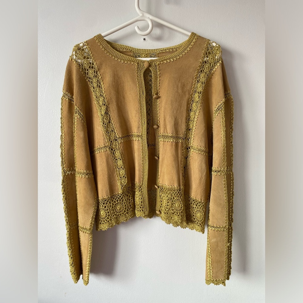 Suede Tan and Green Crochet Cardigan